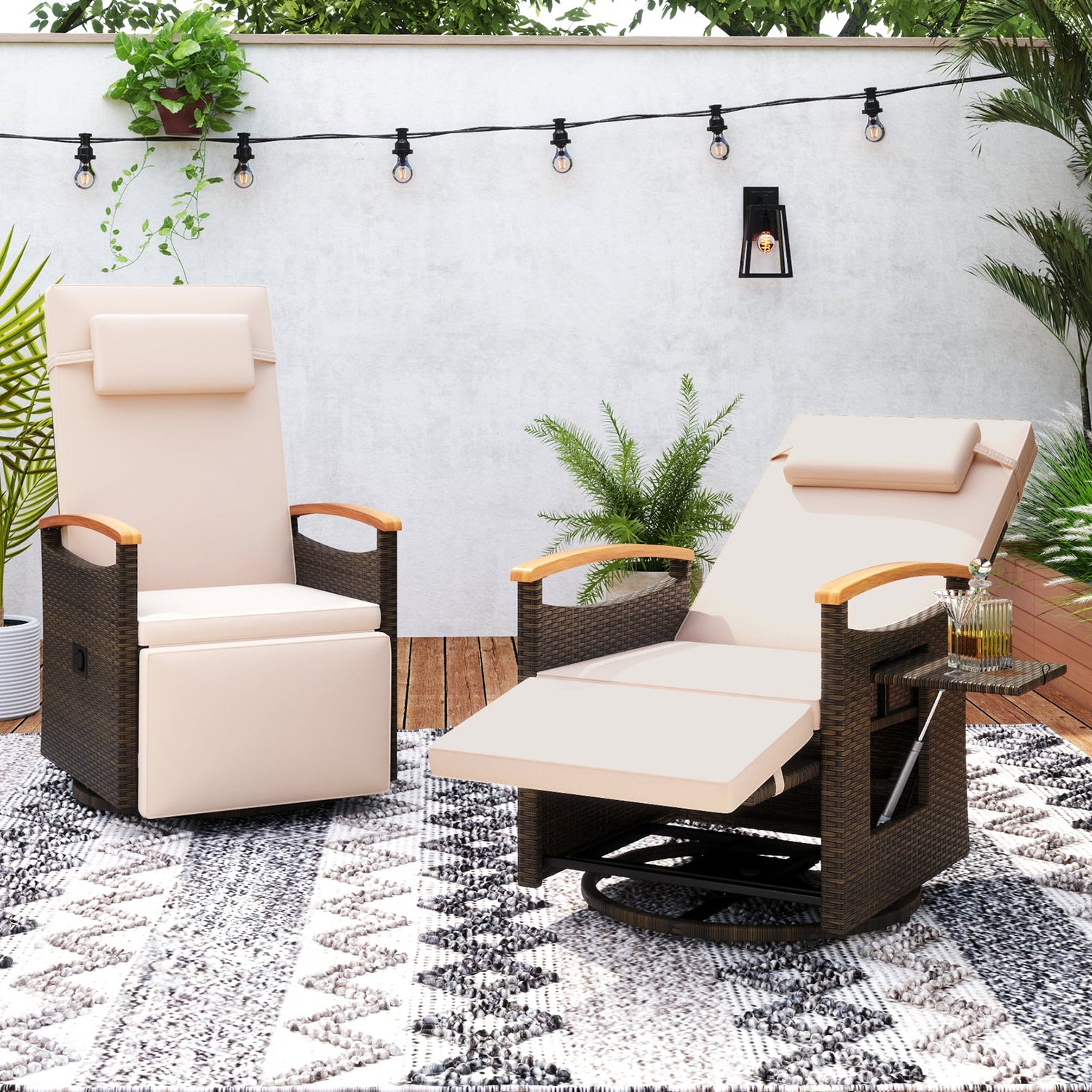 Sillón Reclinable Giratorio 360° de Ratán para Patio con Respaldo y Reposapiés Ajustables
