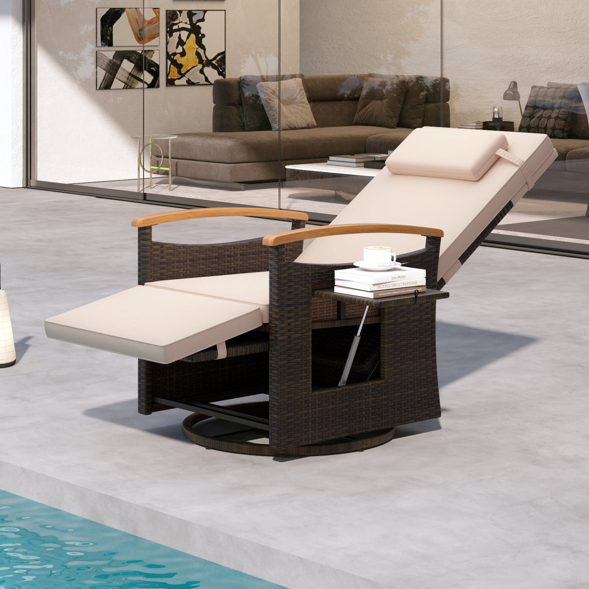 Sillón Reclinable Giratorio 360° de Ratán para Patio con Respaldo y Reposapiés Ajustables