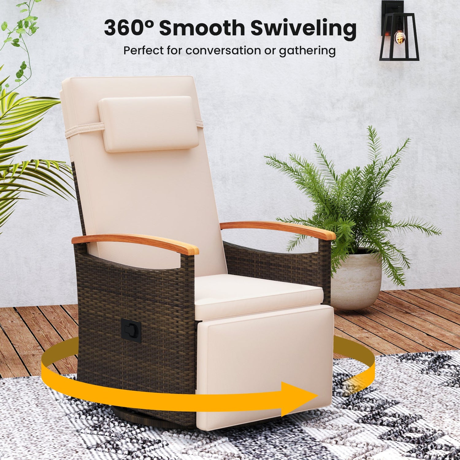 Sillón Reclinable Giratorio 360° de Ratán para Patio con Respaldo y Reposapiés Ajustables