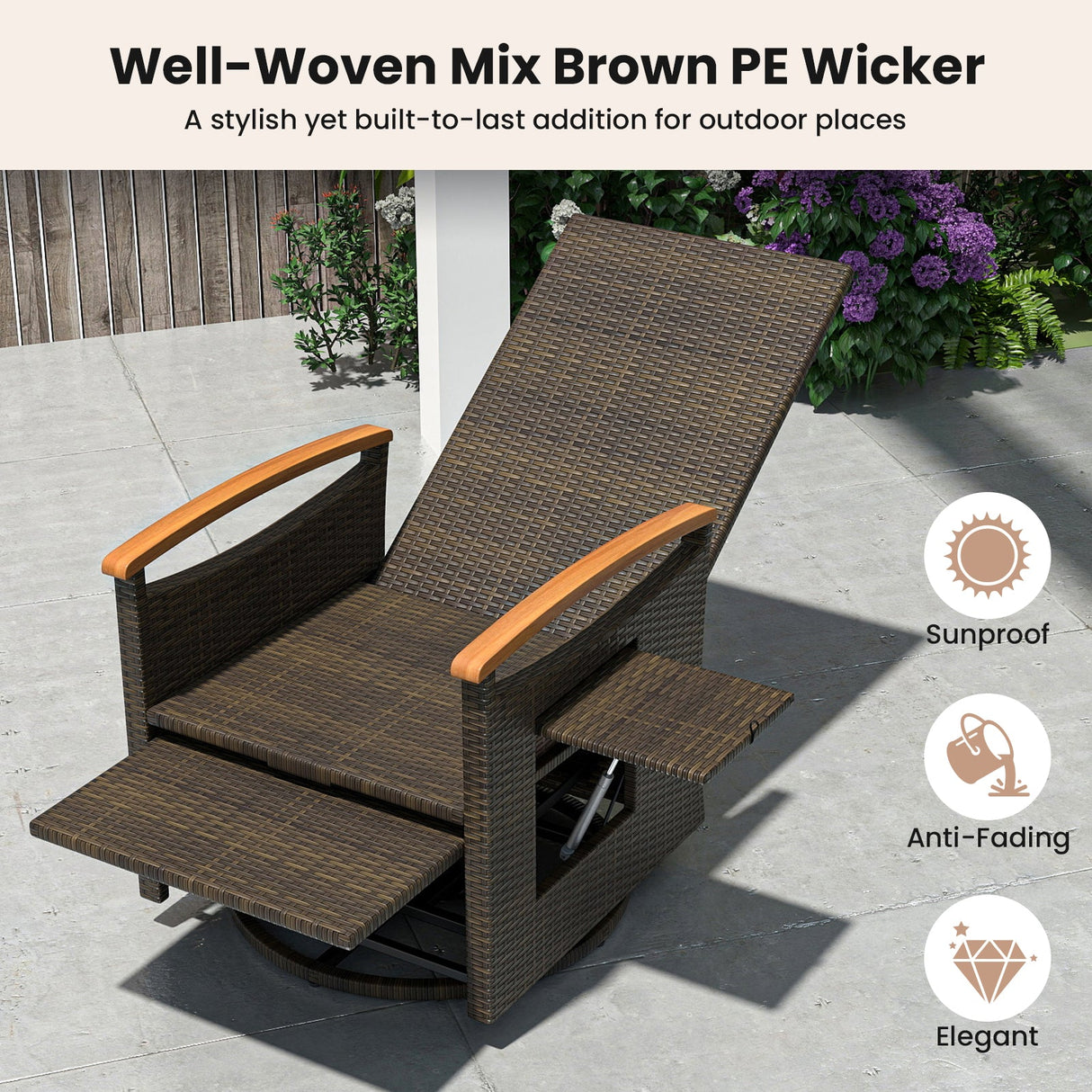 Sillón Reclinable Giratorio 360° de Ratán para Patio con Respaldo y Reposapiés Ajustables