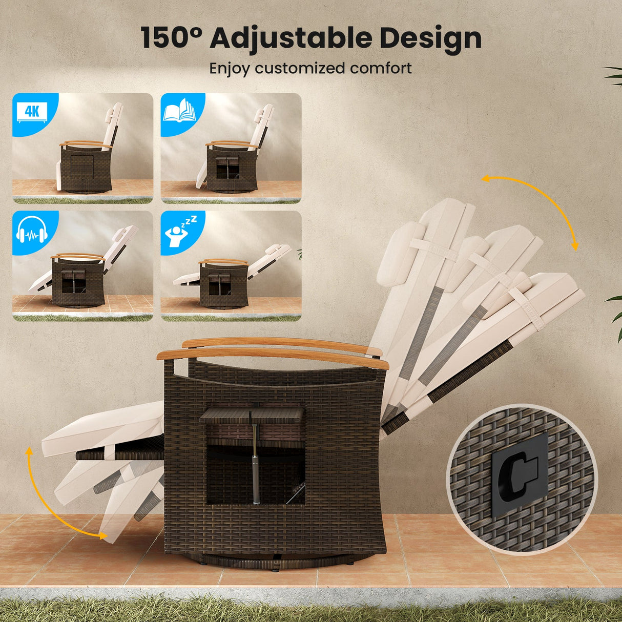 Sillón Reclinable Giratorio 360° de Ratán para Patio con Respaldo y Reposapiés Ajustables