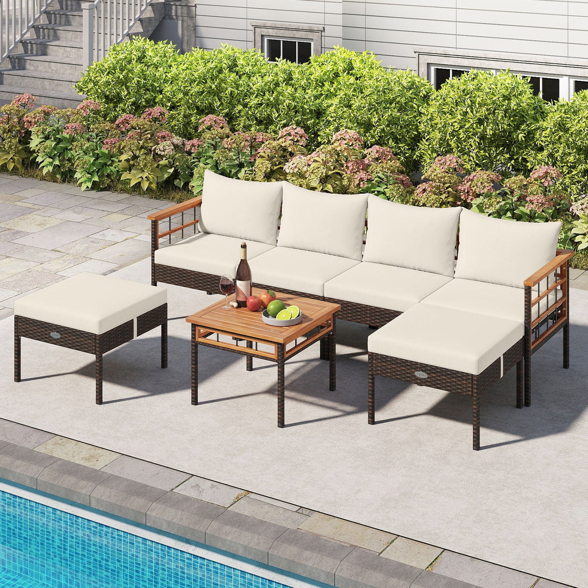 Sillas de ratán para patio con otomanas y mesa auxiliar para jardín - Blanco