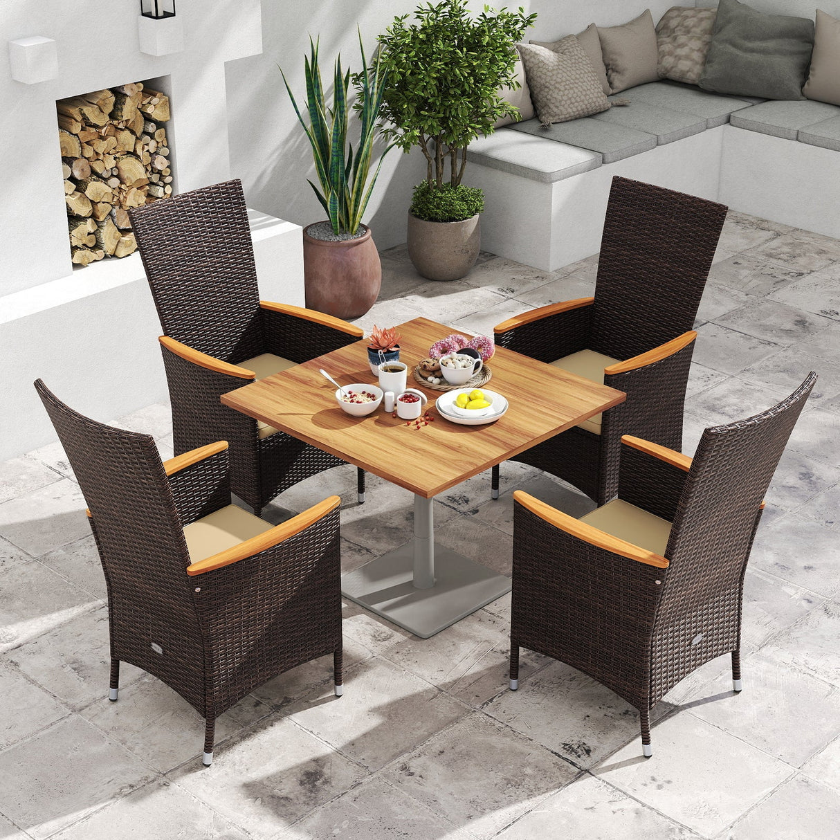 Juego de 4 sillas de ratán para patio, sillas de comedor de mimbre para exteriores con respaldo alto - Beige