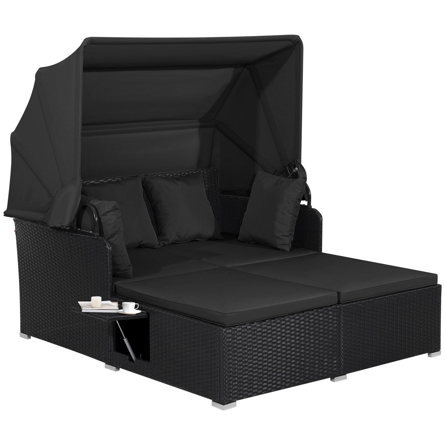Patio Rattan Daybed with Retractable Canopy and Side Tables