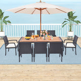 9 Pieces Patio Rattan Dining Set with Acacia Wood Table for Backyard Garden