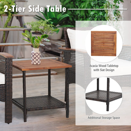 Juego de muebles de patio de ratán de 3 piezas con mesa de madera de acacia