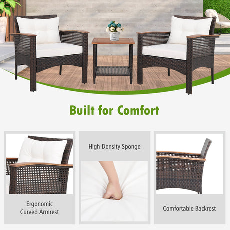 Juego de muebles de patio de ratán de 3 piezas con mesa de madera de acacia