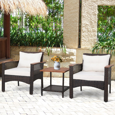Juego de muebles de patio de ratán de 3 piezas con mesa de madera de acacia