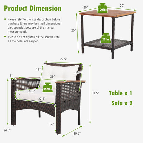 Juego de muebles de patio de ratán de 3 piezas con mesa de madera de acacia