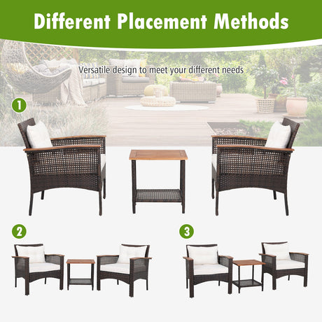 Juego de muebles de patio de ratán de 3 piezas con mesa de madera de acacia