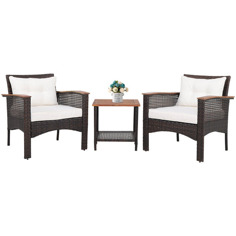 Juego de muebles de patio de ratán de 3 piezas con mesa de madera de acacia