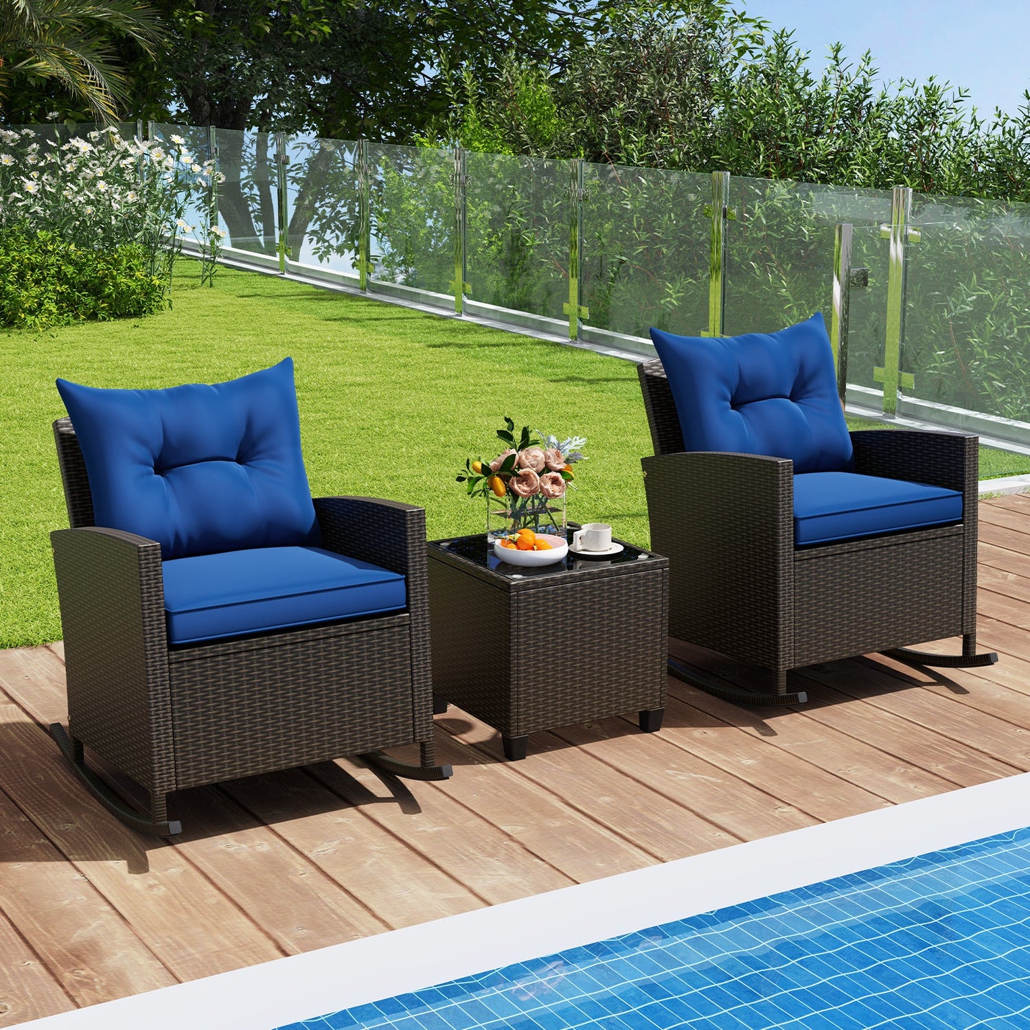 Sillones reclinables de ratán para patio con mesa de vidrio templado y cojines suaves para jardín, piscina o porche