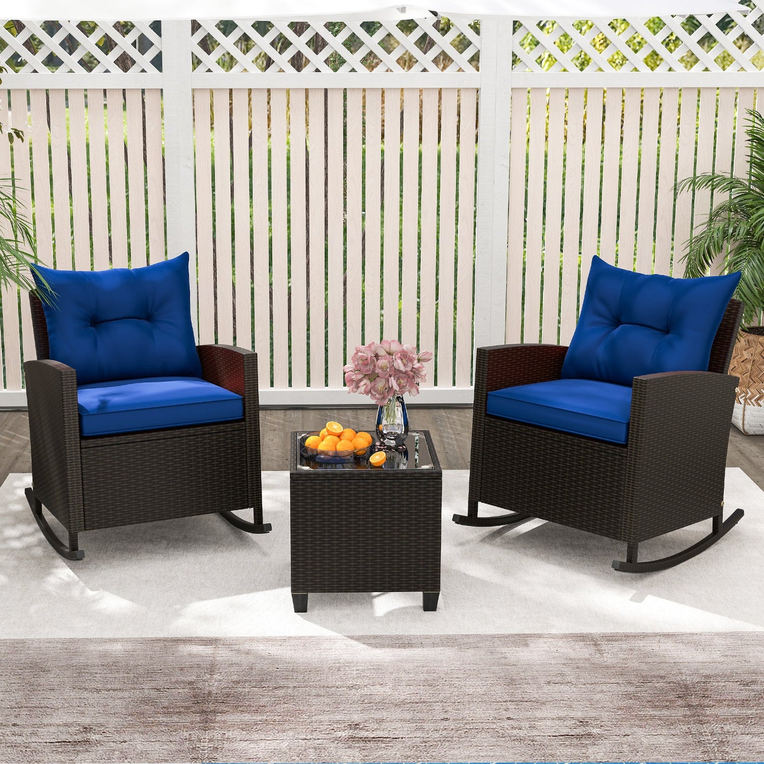 Sillones reclinables de ratán para patio con mesa de vidrio templado y cojines suaves para jardín, piscina o porche