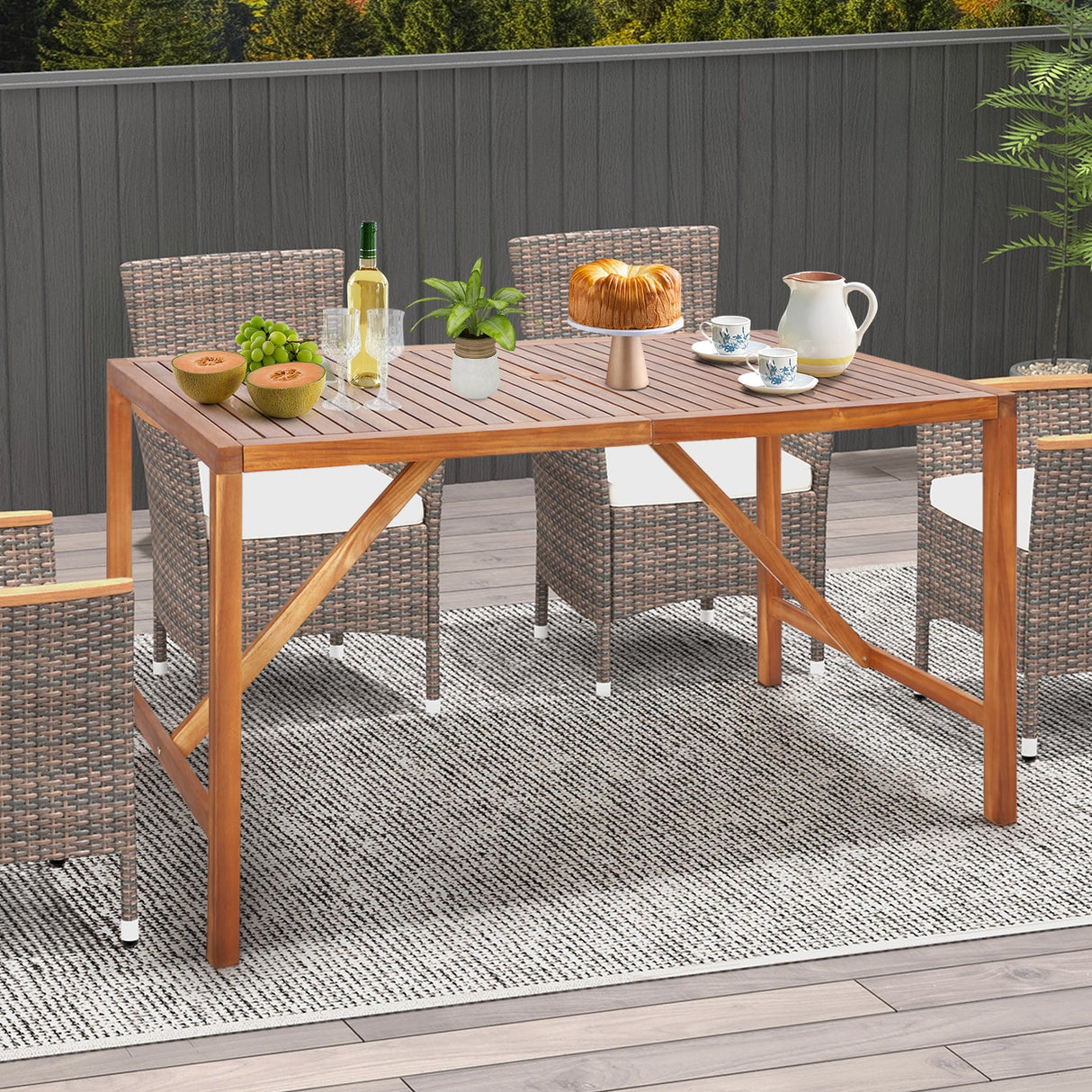 Mesa de comedor rectangular de madera de acacia para patio de 170 cm con agujero para sombrilla