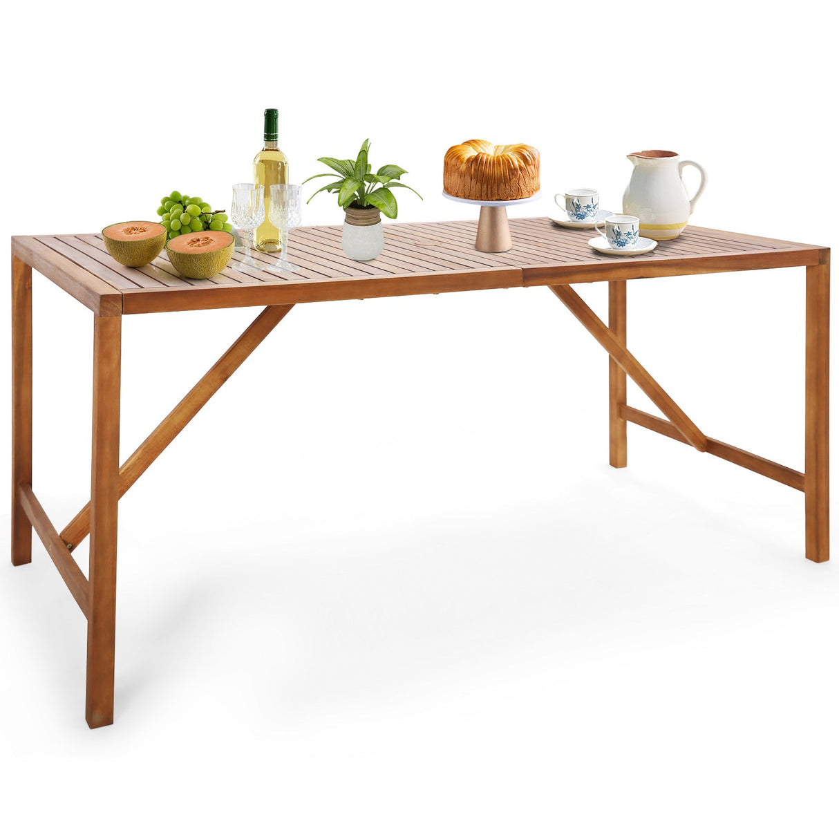 Mesa de comedor rectangular de madera de acacia para patio de 170 cm con agujero para sombrilla