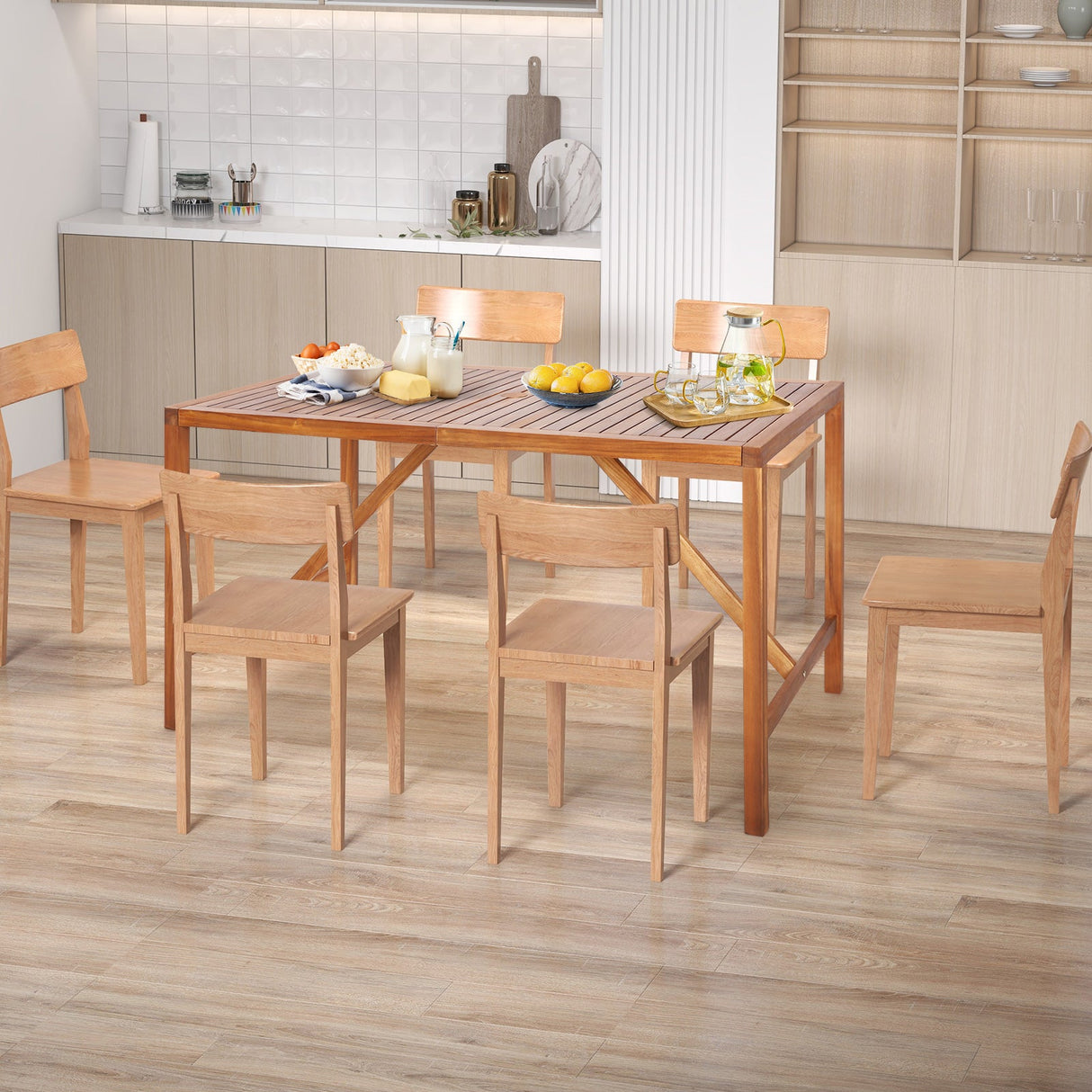Mesa de comedor rectangular de madera de acacia para patio de 170 cm con agujero para sombrilla