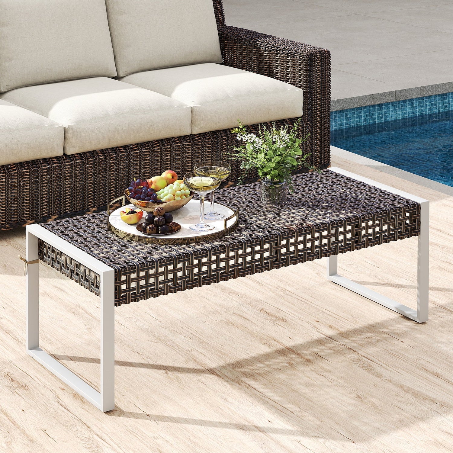 43 Inch Patio Rectangle Ottoman Pack of 2 with Metal Legs and Seat Cushion-Beige