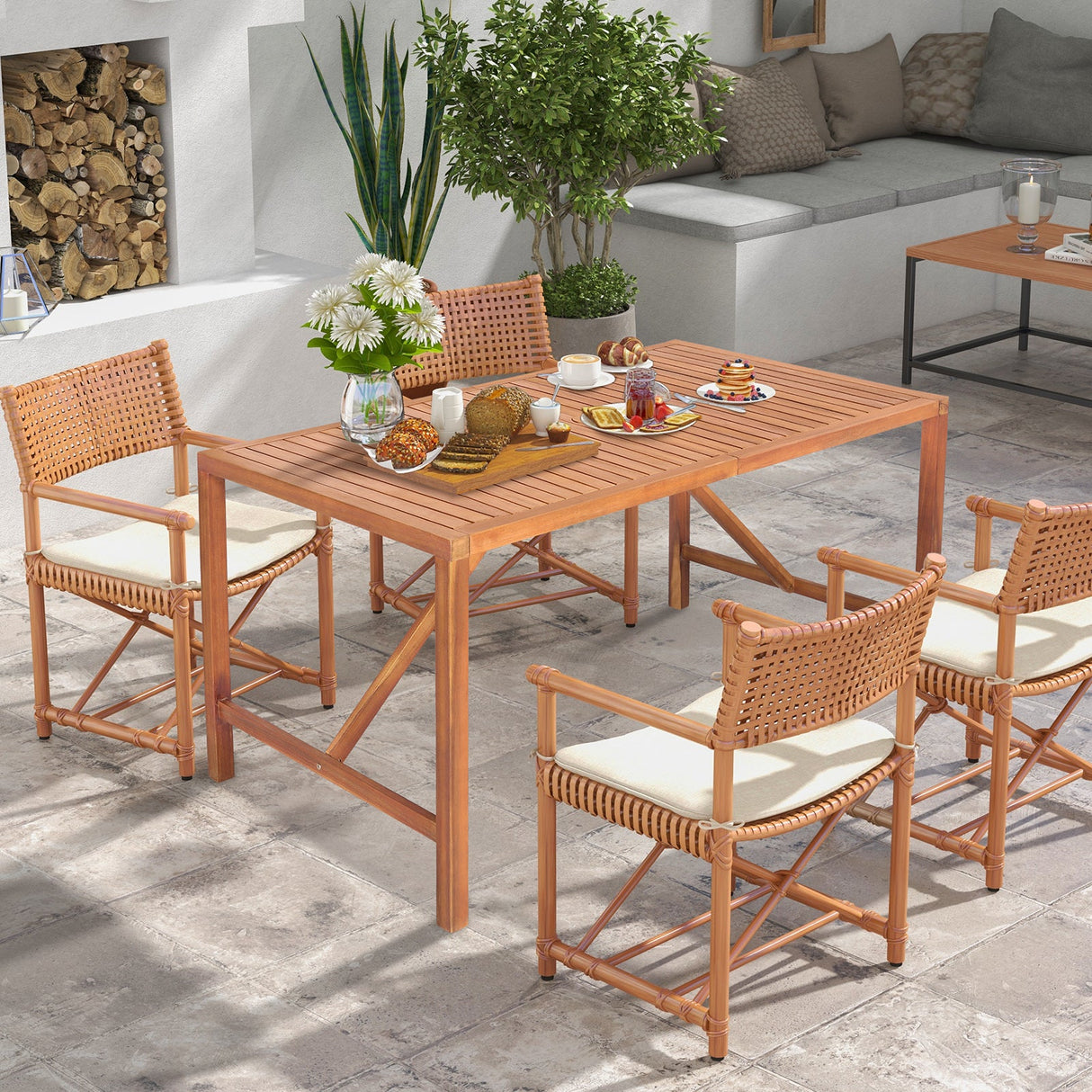 Mesa de comedor rectangular de madera de acacia de 55 pulgadas para patio con orificio para sombrilla
