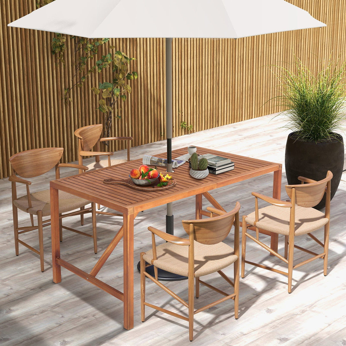 Mesa de comedor rectangular de madera de acacia de 55 pulgadas para patio con orificio para sombrilla