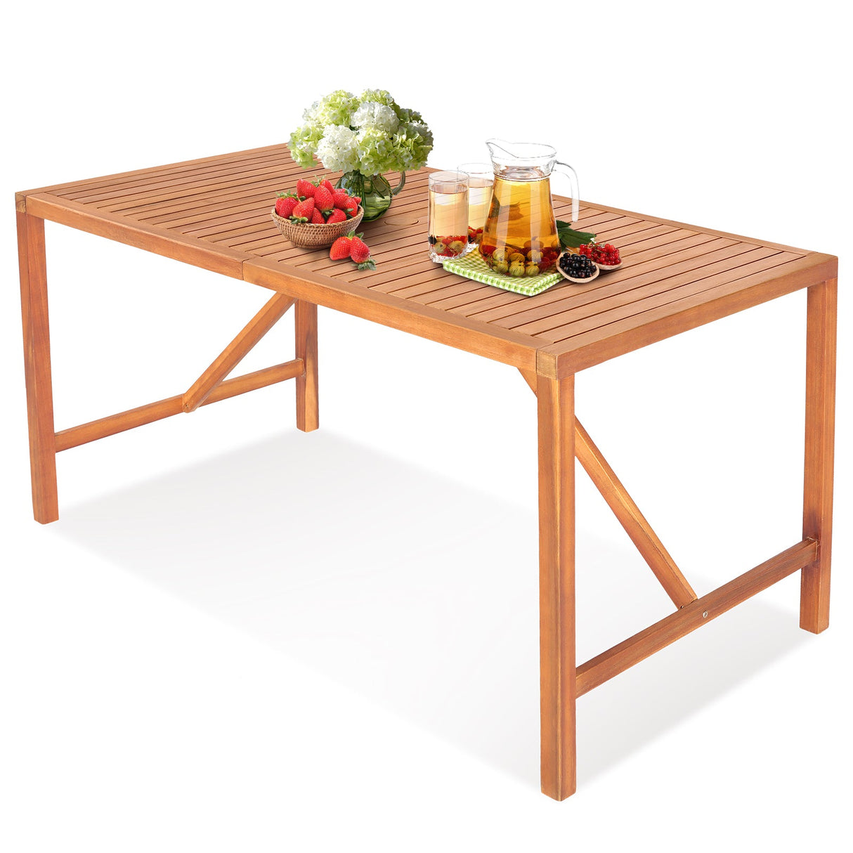 Mesa de comedor rectangular de madera de acacia de 55 pulgadas para patio con orificio para sombrilla