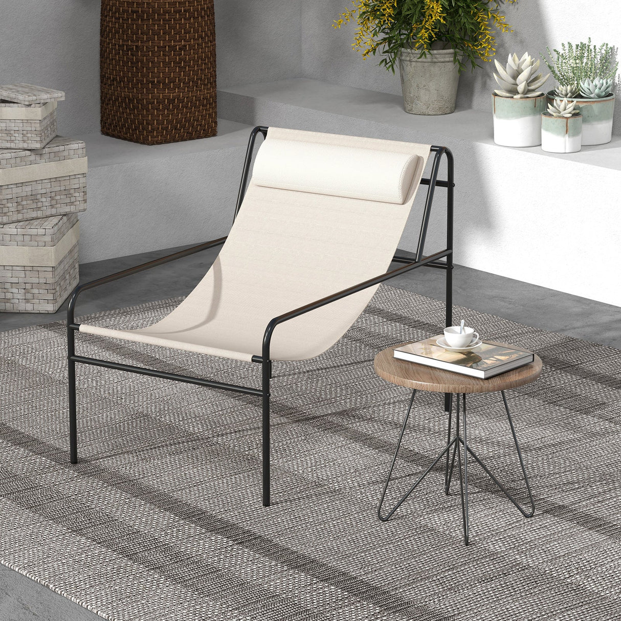 Tumbona reclinable de patio con almohada reposacabezas extraíble y estructura de metal - Beige
