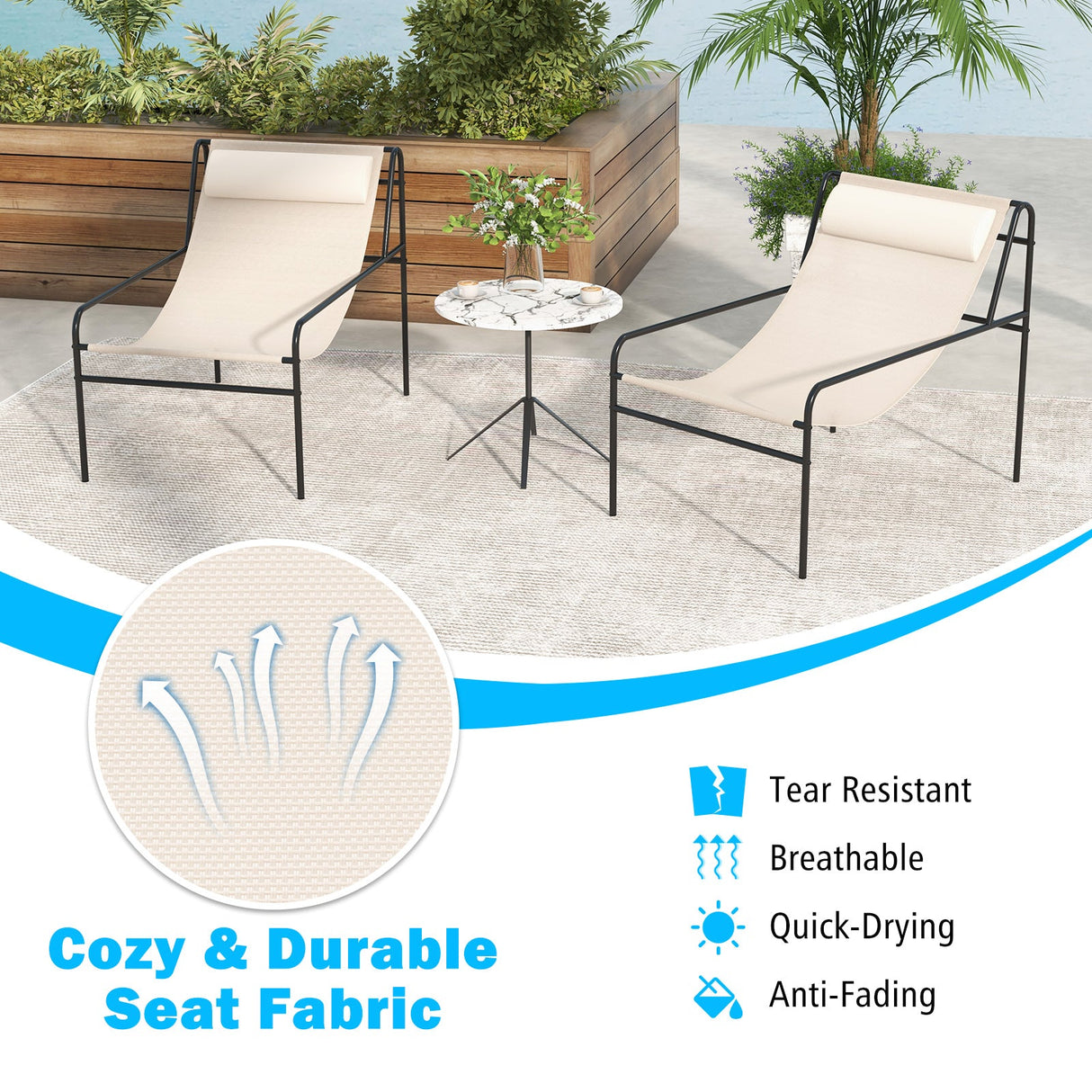 Tumbona reclinable de patio con almohada reposacabezas extraíble y estructura de metal - Beige