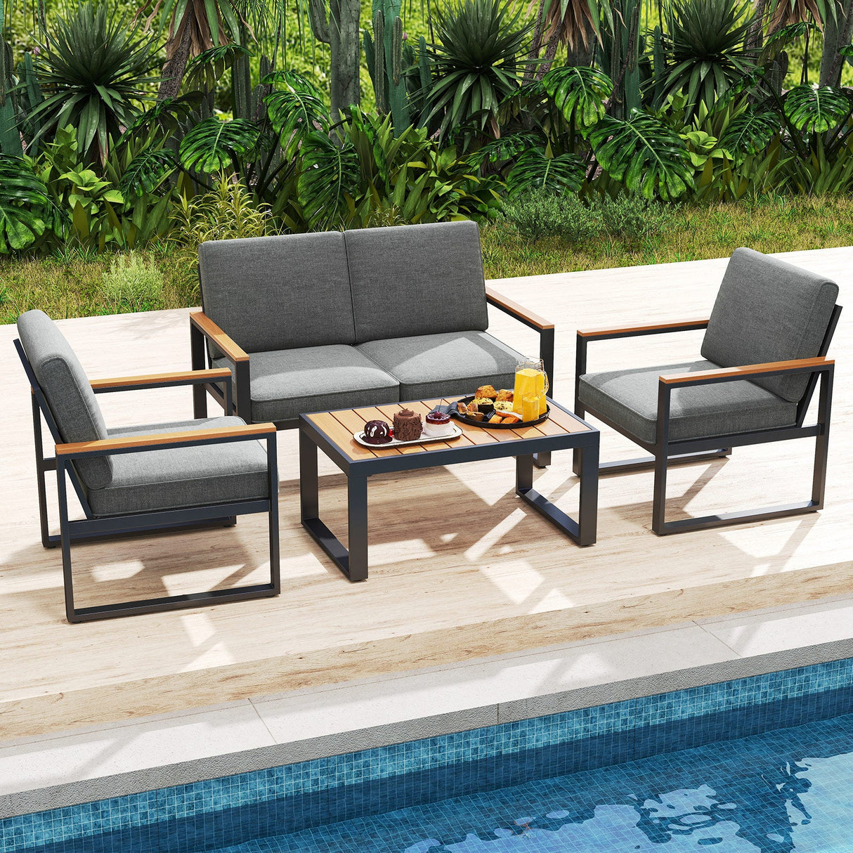 Conjunto de 2 sofás de aluminio modernos para patio con reposabrazos para balcón - Gris