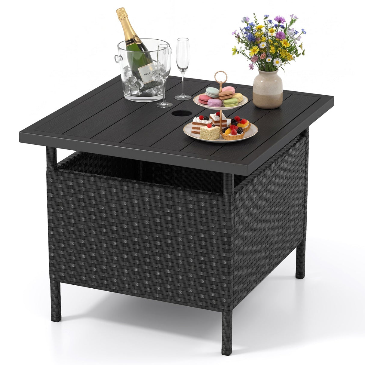 Mesa auxiliar cuadrada de mimbre para patio con agujero para sombrilla para jardín o piscina