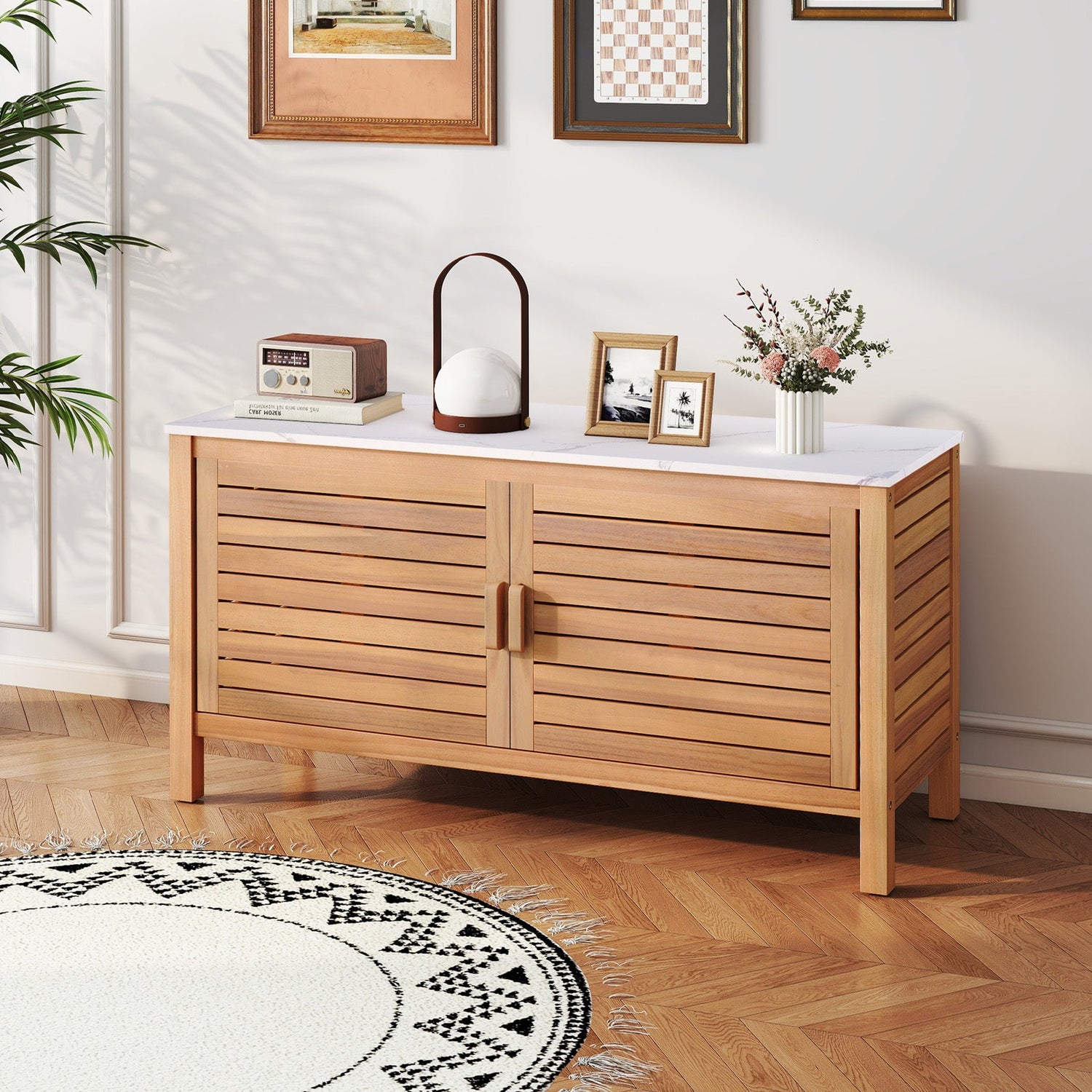 Armario de almacenamiento para patio, 2 puertas, madera de acacia, contenedor de almacenamiento con cubierta de imitación mármol