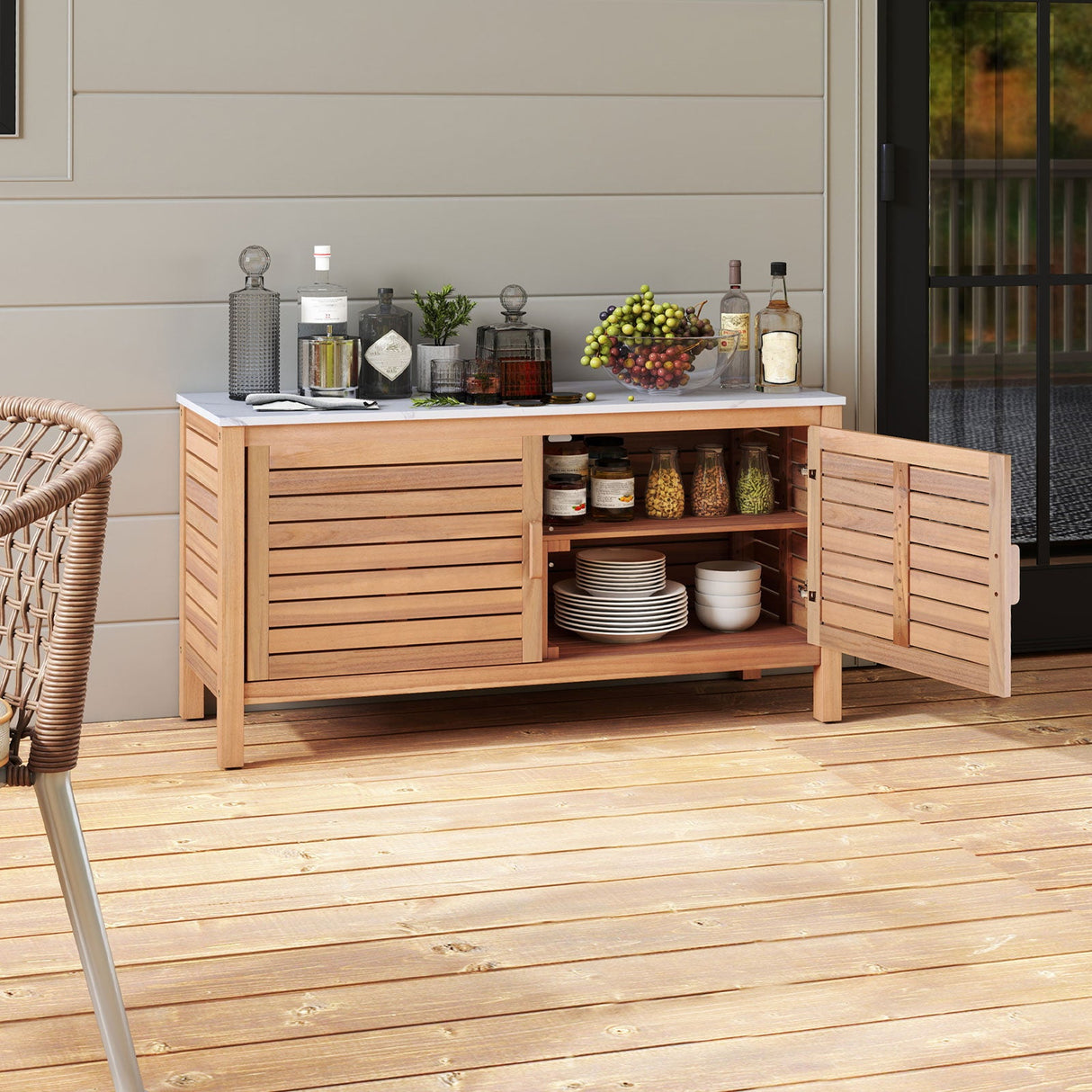 Armario de almacenamiento para patio, 2 puertas, madera de acacia, contenedor de almacenamiento con cubierta de imitación mármol