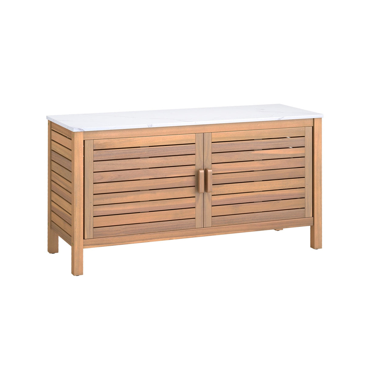 Armario de almacenamiento para patio, 2 puertas, madera de acacia, contenedor de almacenamiento con cubierta de imitación mármol