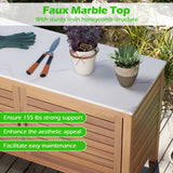 Armario de almacenamiento para patio, 2 puertas, madera de acacia, contenedor de almacenamiento con cubierta de imitación mármol