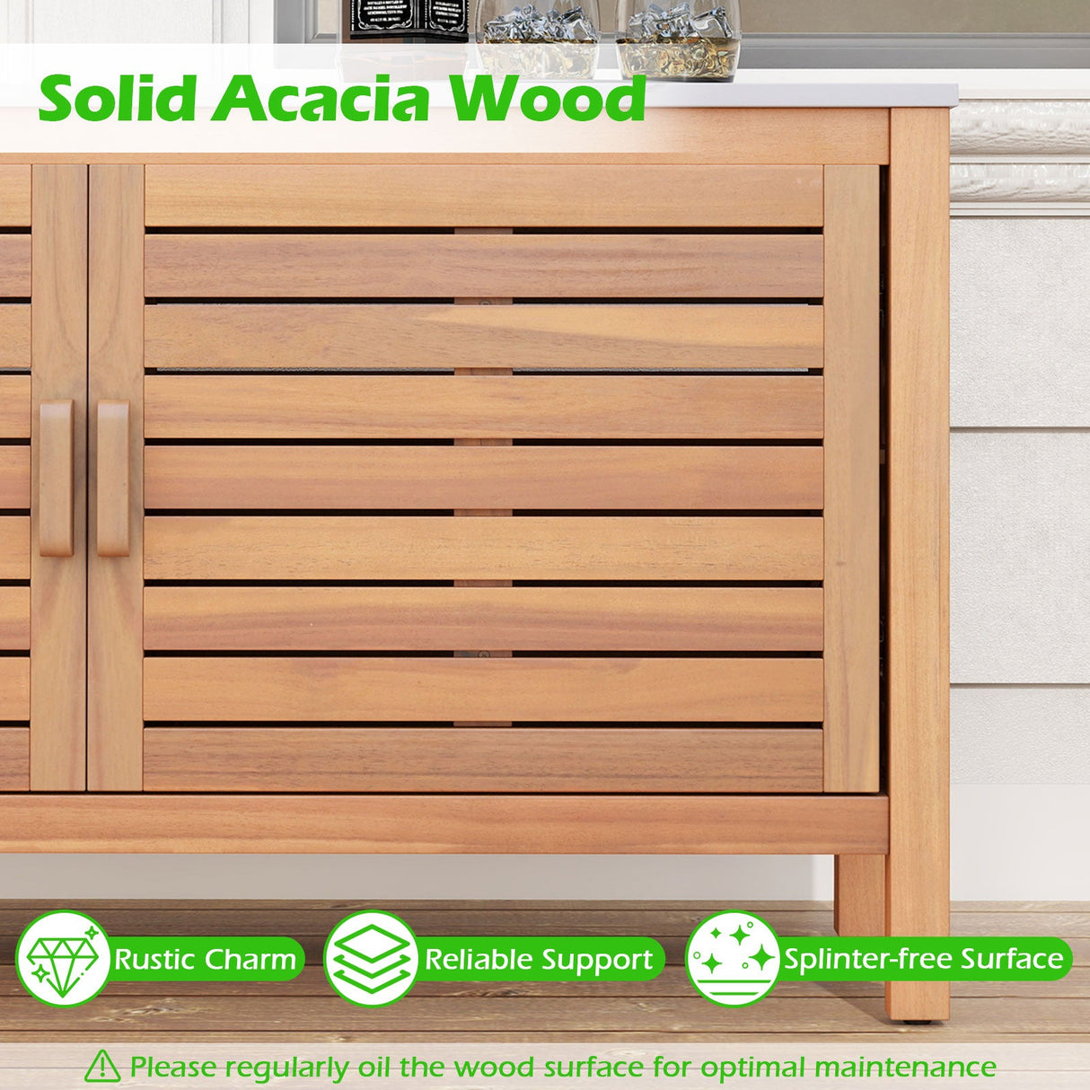 Armario de almacenamiento para patio, 2 puertas, madera de acacia, contenedor de almacenamiento con cubierta de imitación mármol