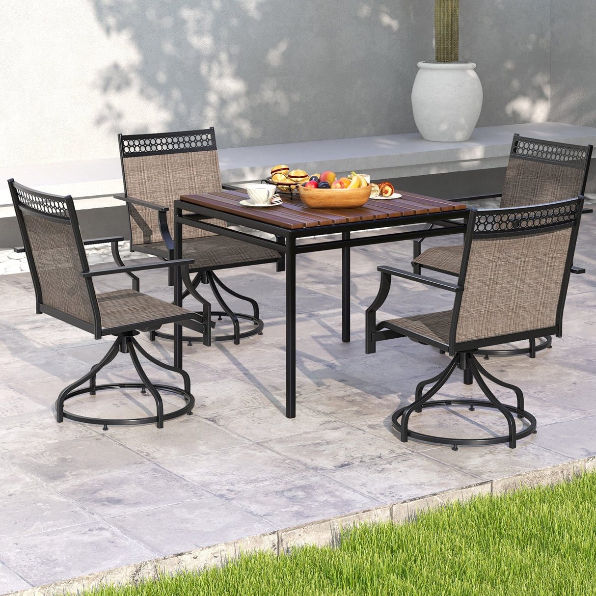 Juego de 2 sillas giratorias de comedor para patio con estructura de metal resistente y reposabrazos