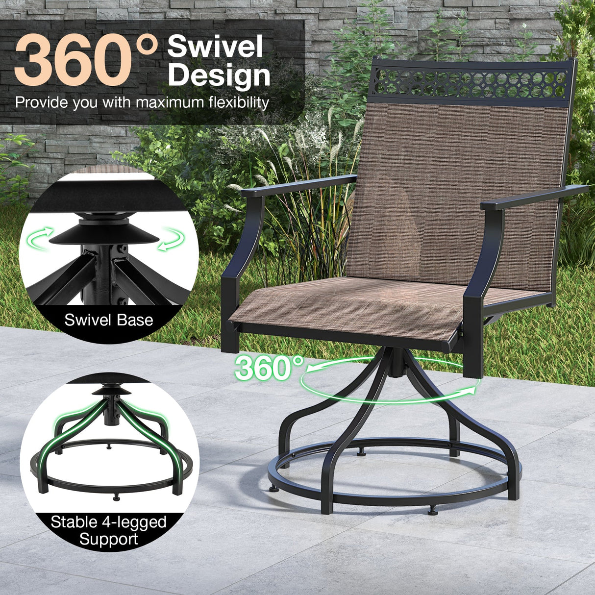 Juego de 2 sillas giratorias de comedor para patio con estructura de metal resistente y reposabrazos