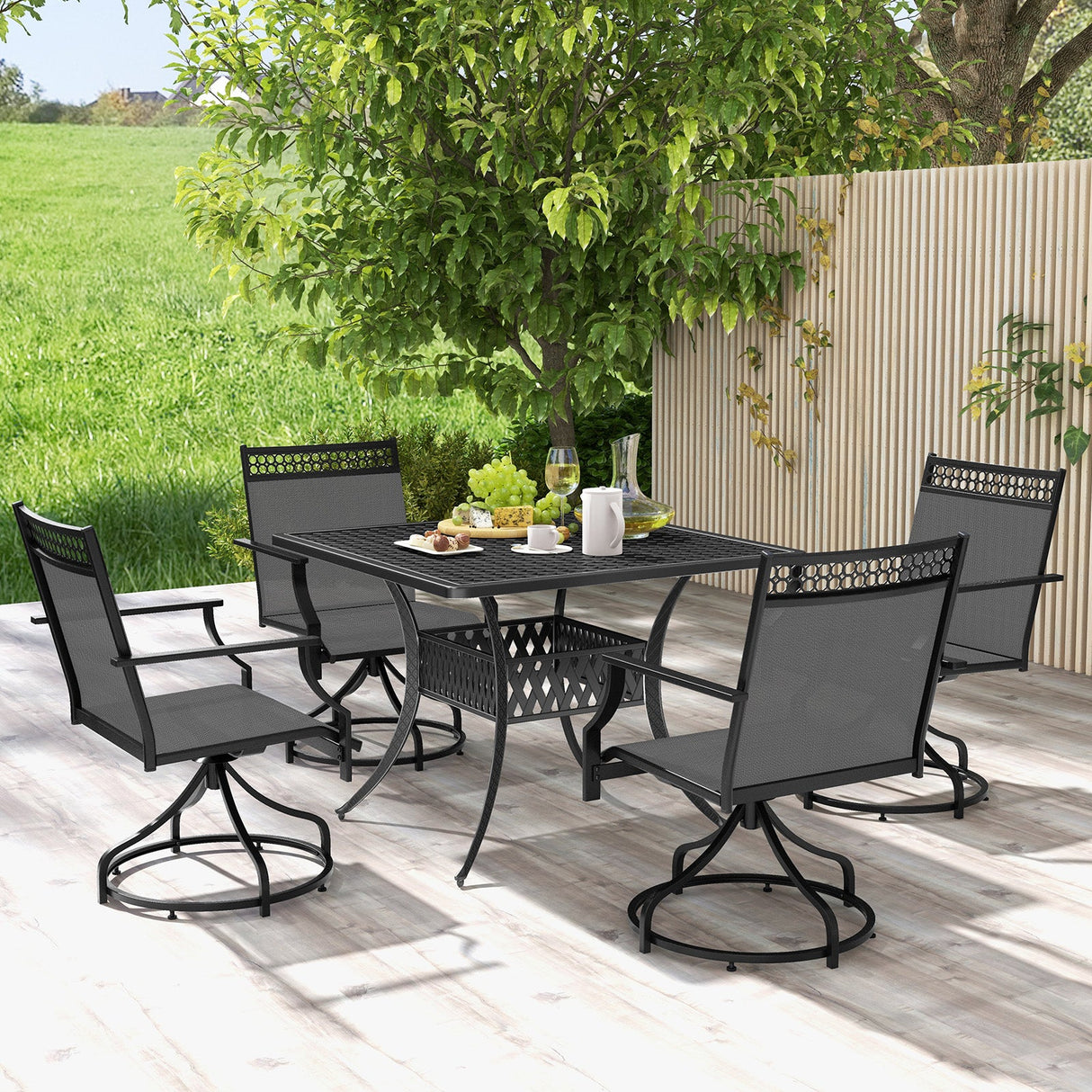 Juego de 2 sillas giratorias de comedor para patio con estructura de metal resistente y reposabrazos