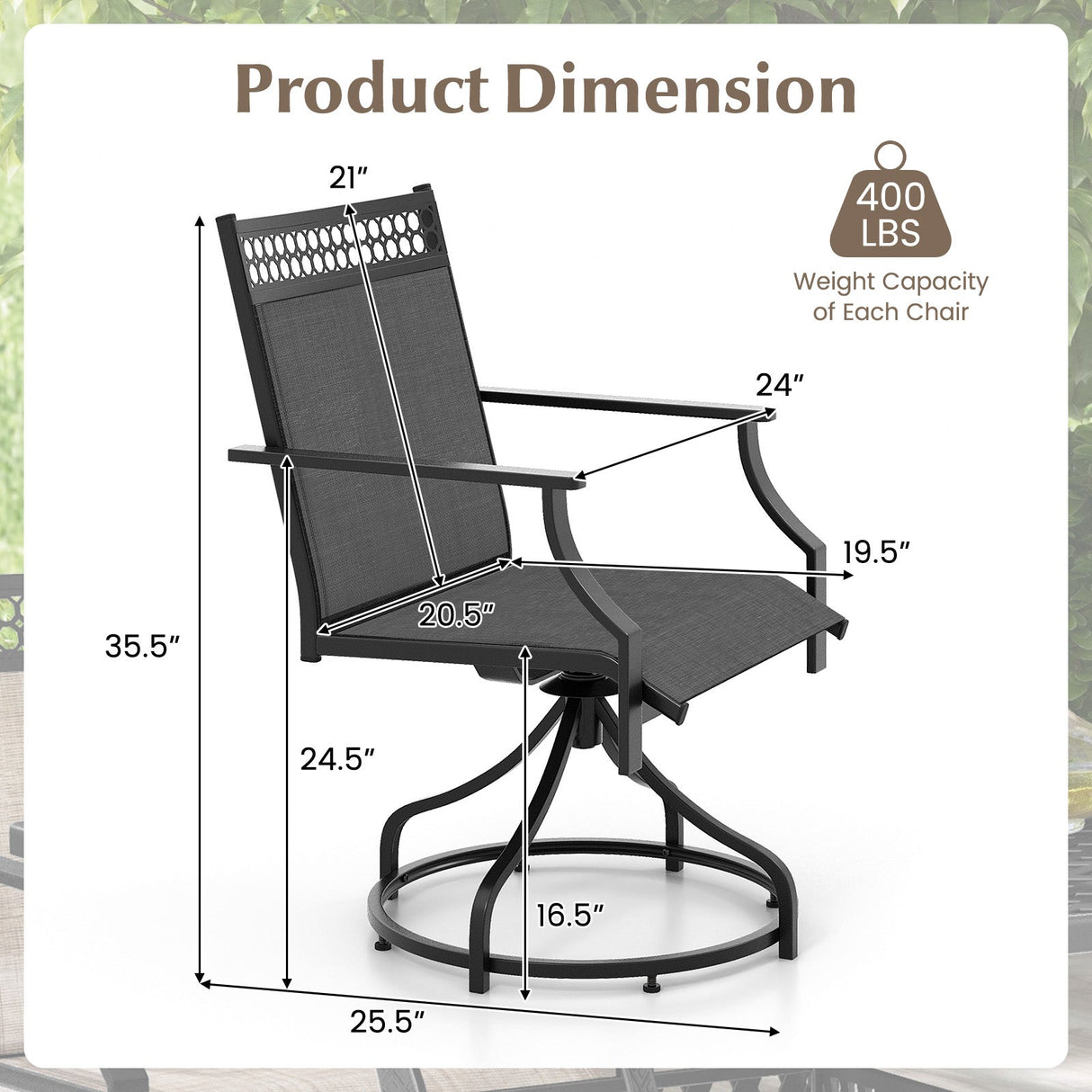Juego de 2 sillas giratorias de comedor para patio con estructura de metal resistente y reposabrazos