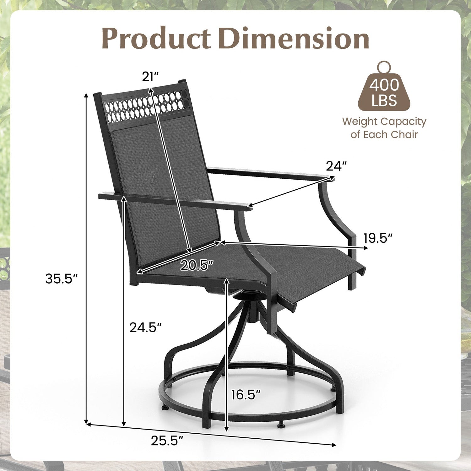 Juego de 2 sillas giratorias de comedor para patio con estructura de metal resistente y reposabrazos