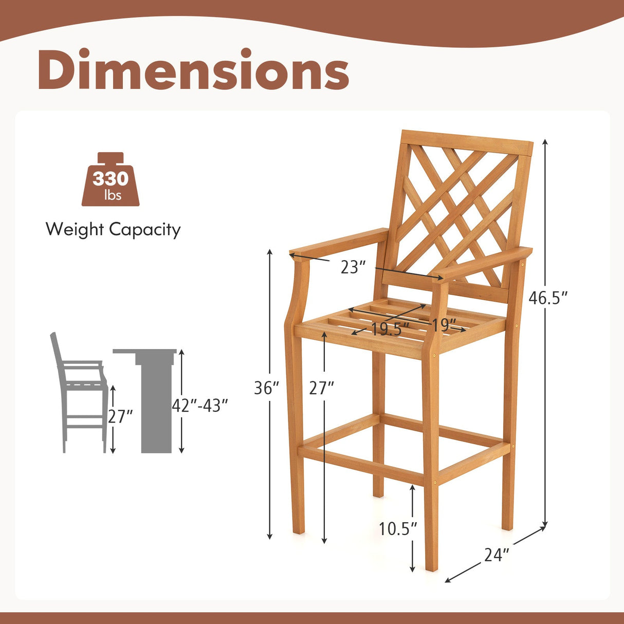 Taburete de bar de teca para patio, silla de exterior a la altura de la encimera con respaldo ergonómico