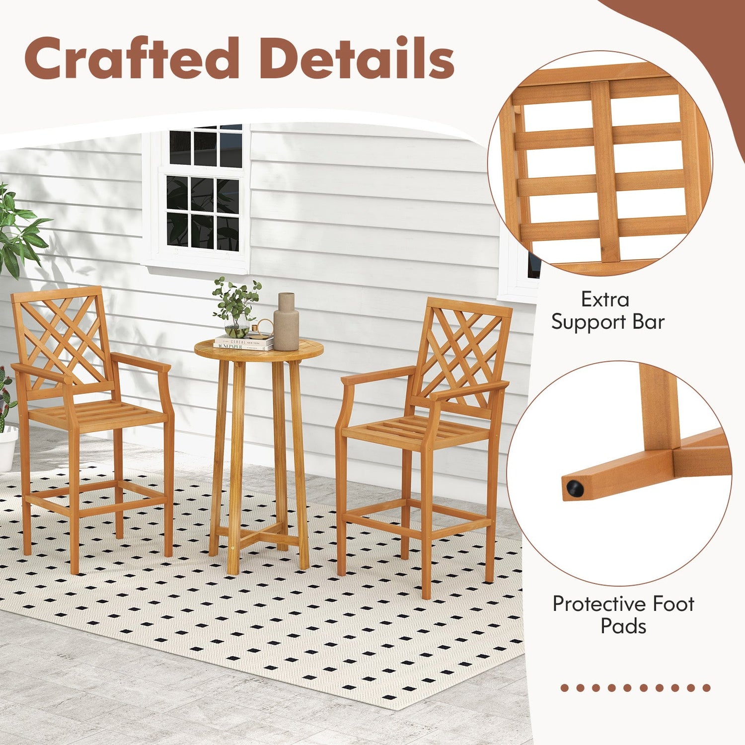 Taburete de bar de teca para patio, silla de exterior a la altura de la encimera con respaldo ergonómico