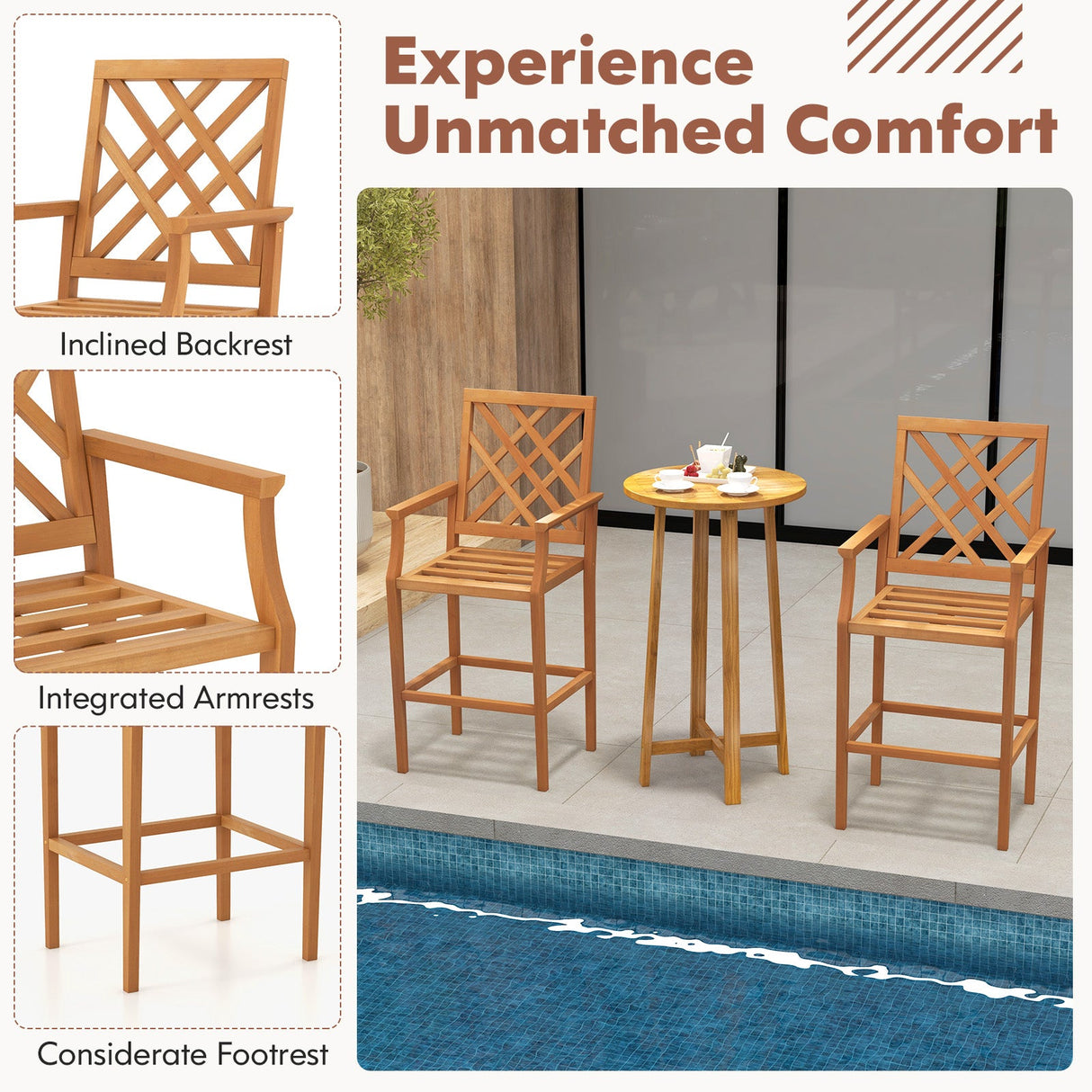 Taburete de bar de teca para patio, silla de exterior a la altura de la encimera con respaldo ergonómico