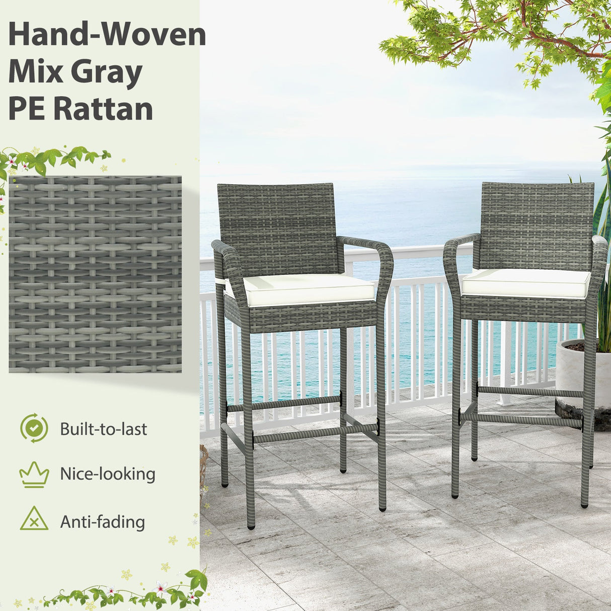 Taburetes de mimbre para patio con reposabrazos y cojines suaves para porche y jardín, juego de 2