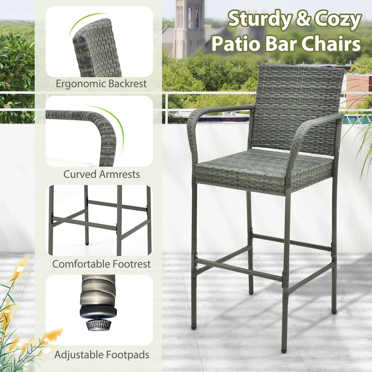 Taburetes de mimbre para patio con reposabrazos y cojines suaves para porche y jardín, juego de 2