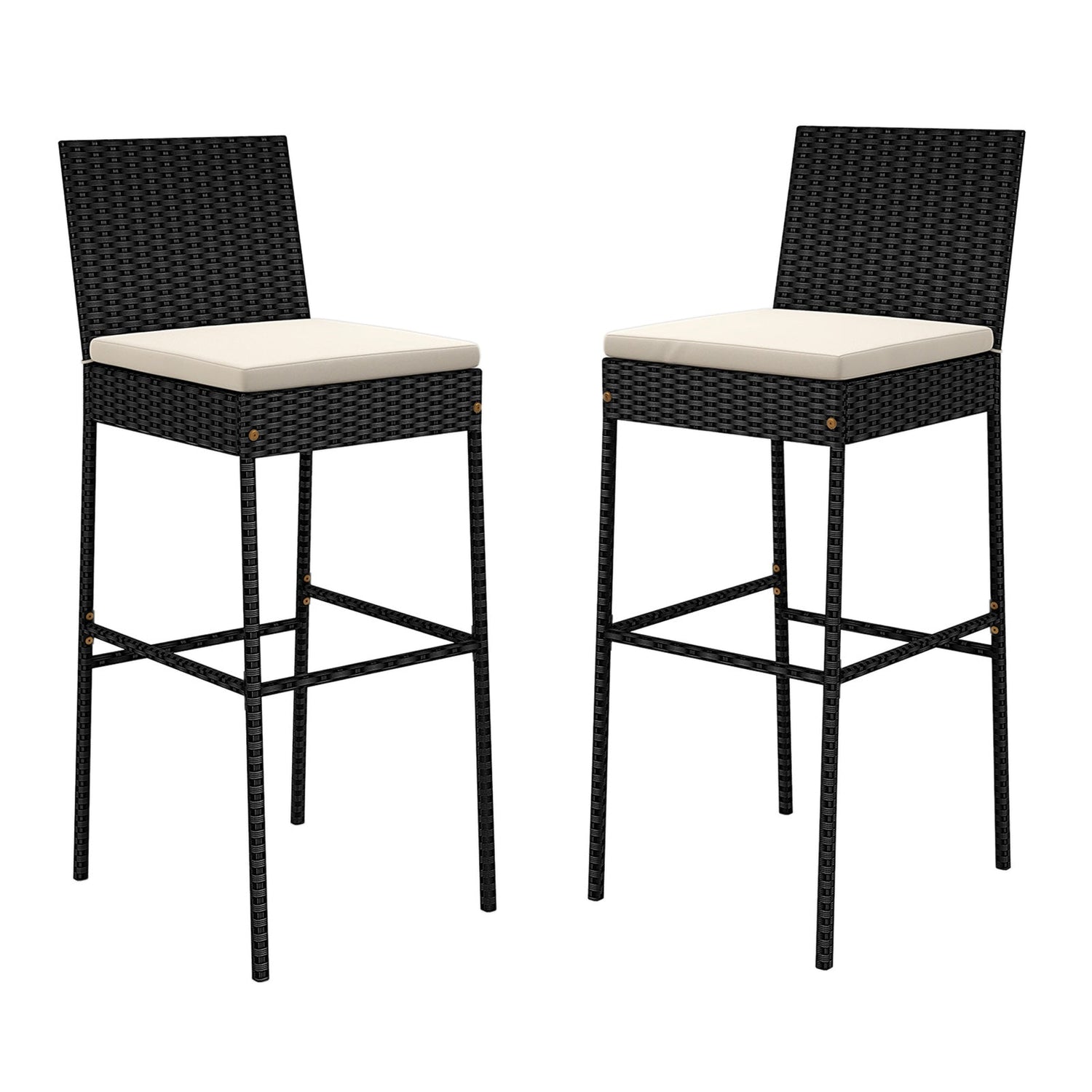 Taburetes de bar de mimbre para patio, juego de 2 con reposapiés y respaldo para el jardín.