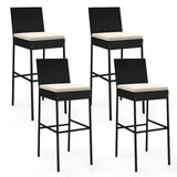 Taburetes de bar de mimbre para patio con reposapiés y respaldo, juego de 4 unidades