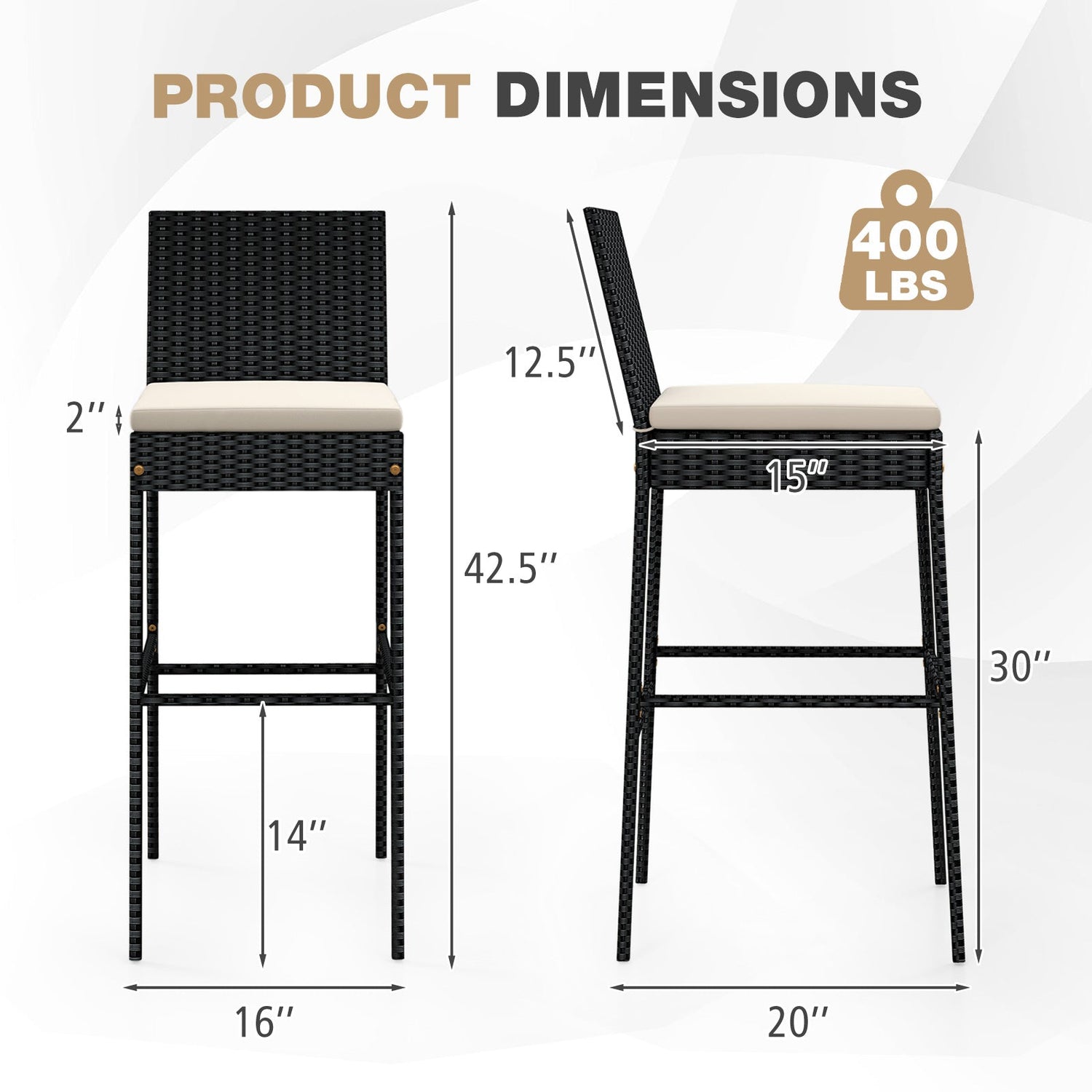 Taburetes de bar de mimbre para patio con reposapiés y respaldo, juego de 4 unidades