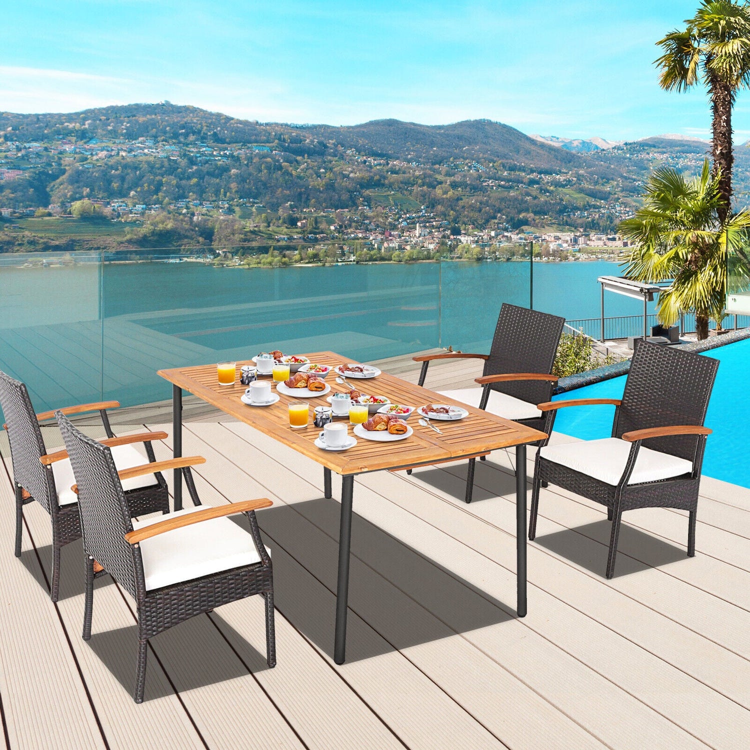 Juego de comedor de mimbre acolchado para patio de 5 piezas con reposabrazos de madera y orificio para sombrilla