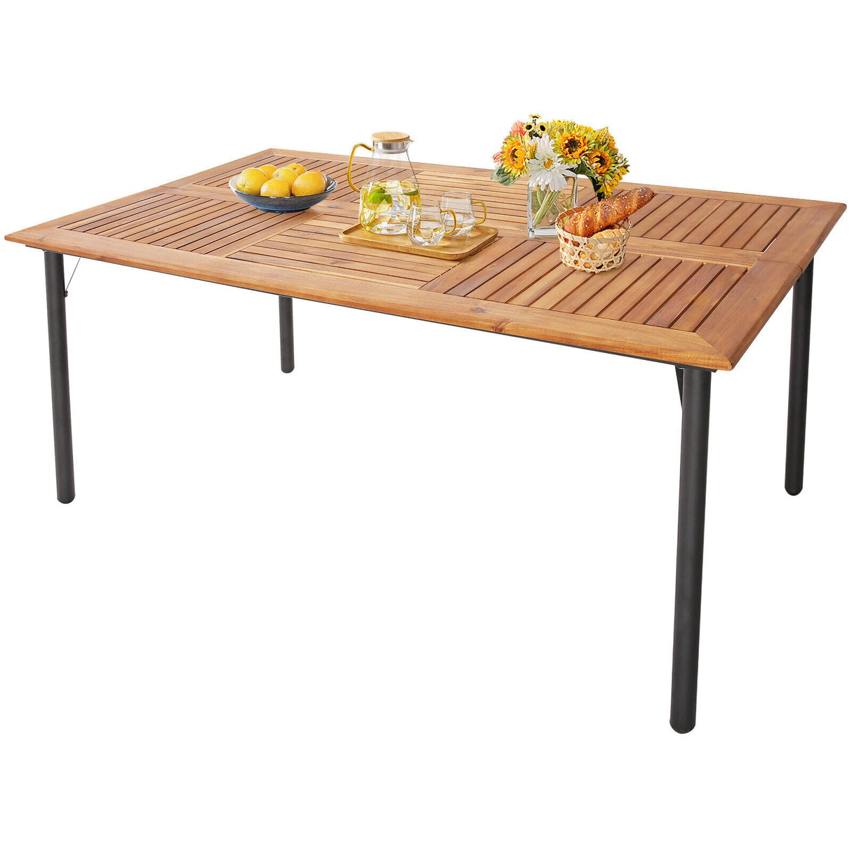 Juego de comedor de mimbre acolchado para patio de 5 piezas con reposabrazos de madera y orificio para sombrilla