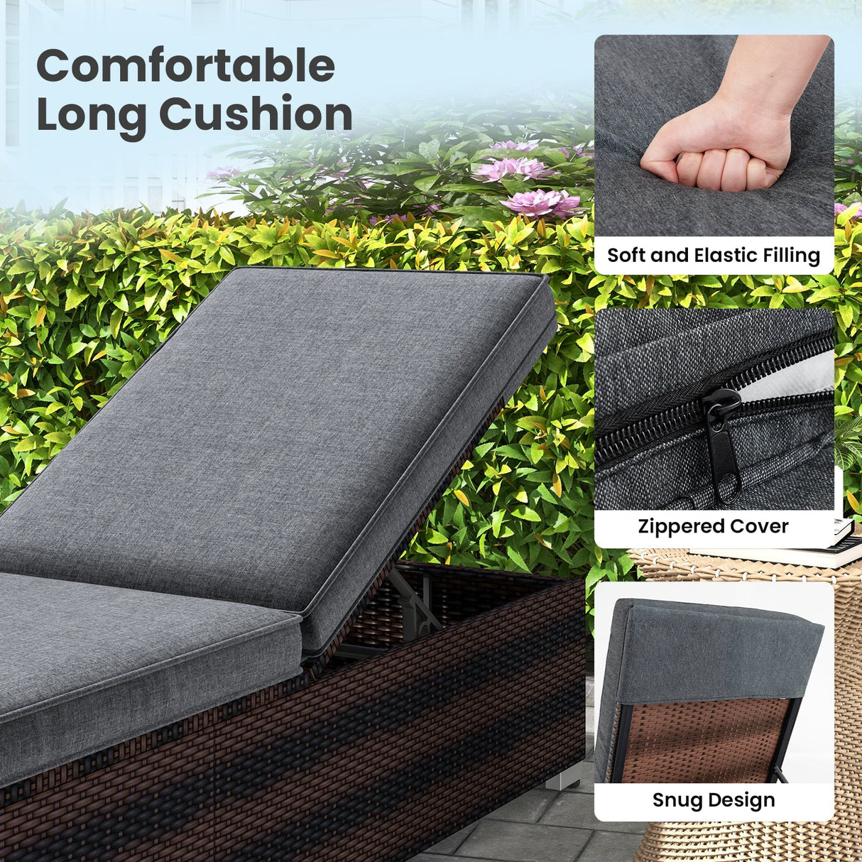 Tumbona de patio de mimbre con respaldo reclinable de 4 posiciones y cojín largo para asiento - Marrón