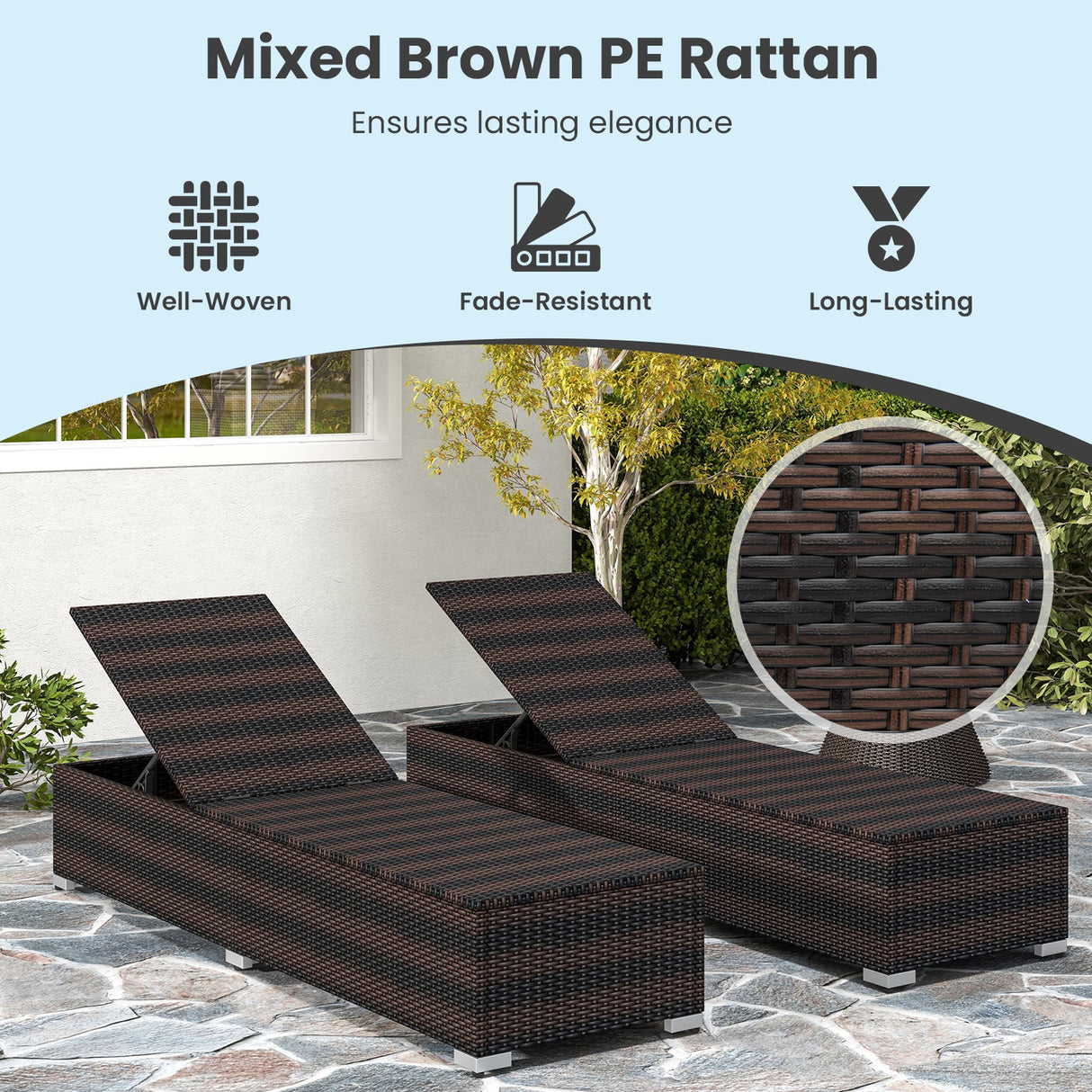 Tumbona de patio de mimbre con respaldo reclinable de 4 posiciones y cojín largo para asiento - Marrón